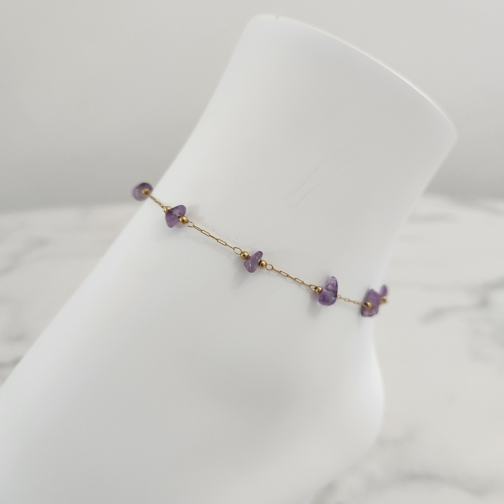 Minimalist Purple Dainty Stones 18K Gold Plated Anklet - Picture 5 of 15